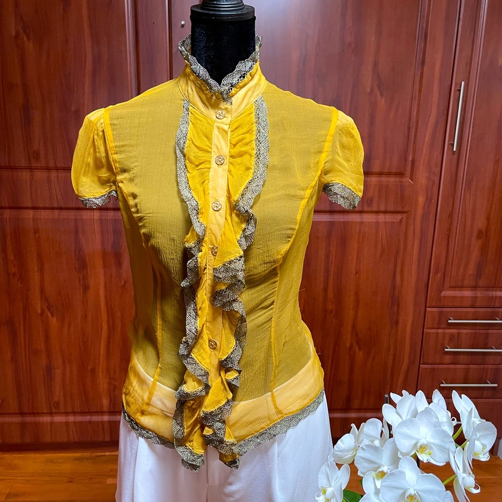 Metallic ruffled silk top